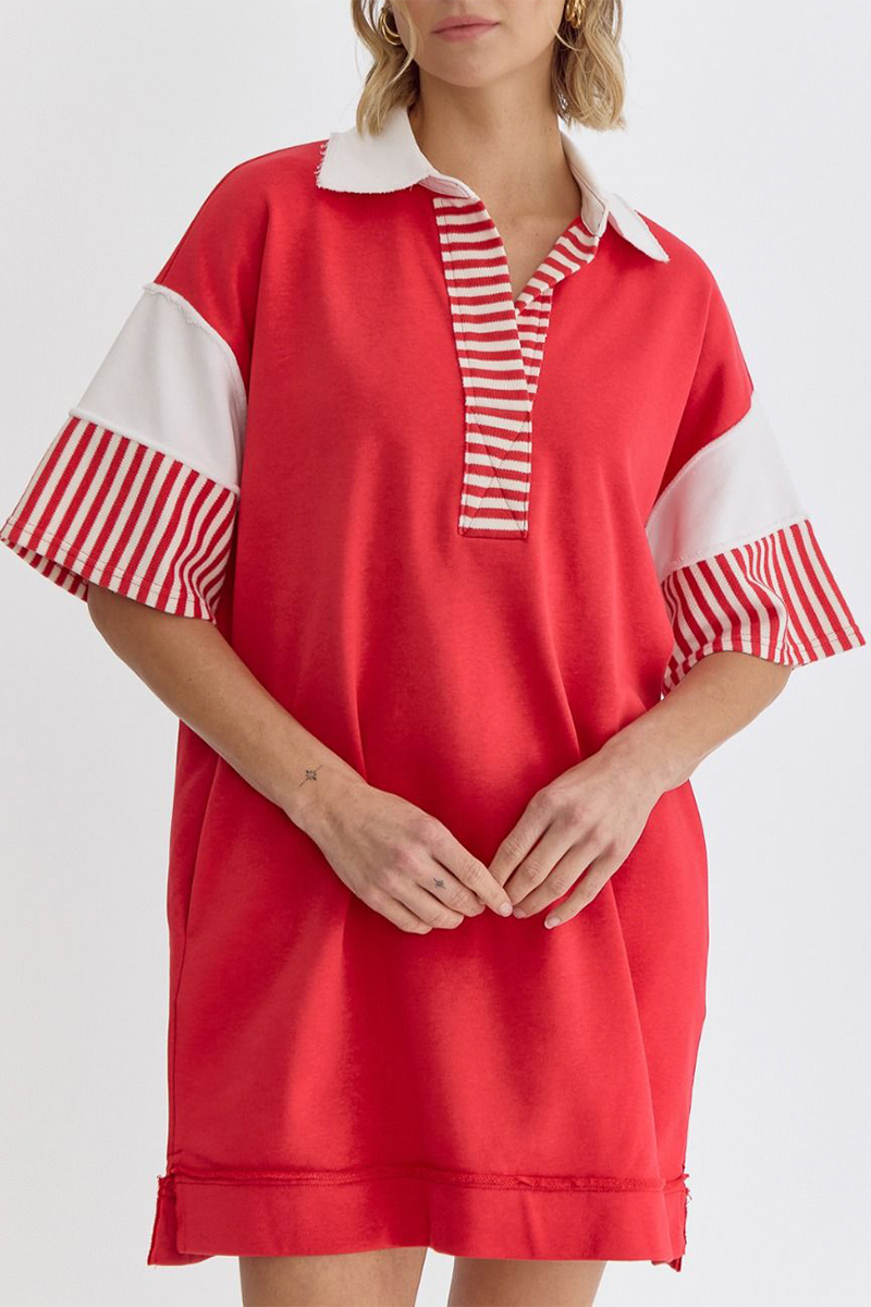 Berenice® | Casual Striped Pocket Patchwork Turn-Down Collar Short Sleeve Short Dress (5 Colors)