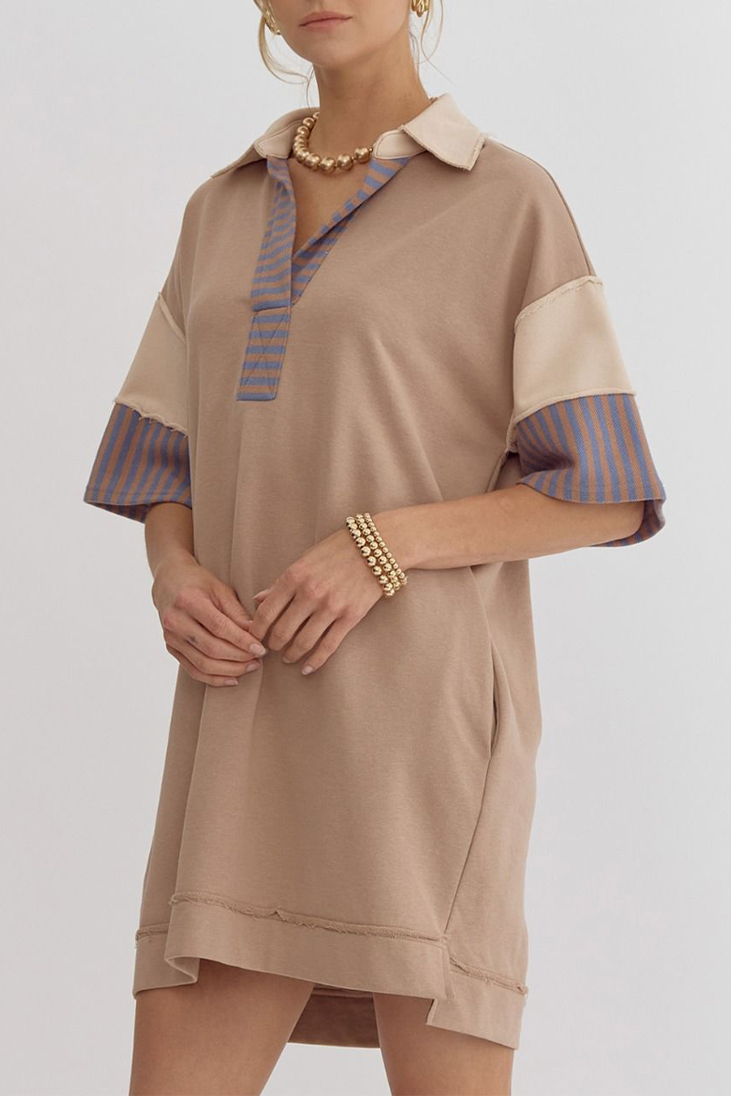 Berenice® | Casual Striped Pocket Patchwork Turn-Down Collar Short Sleeve Short Dress (5 Colors)