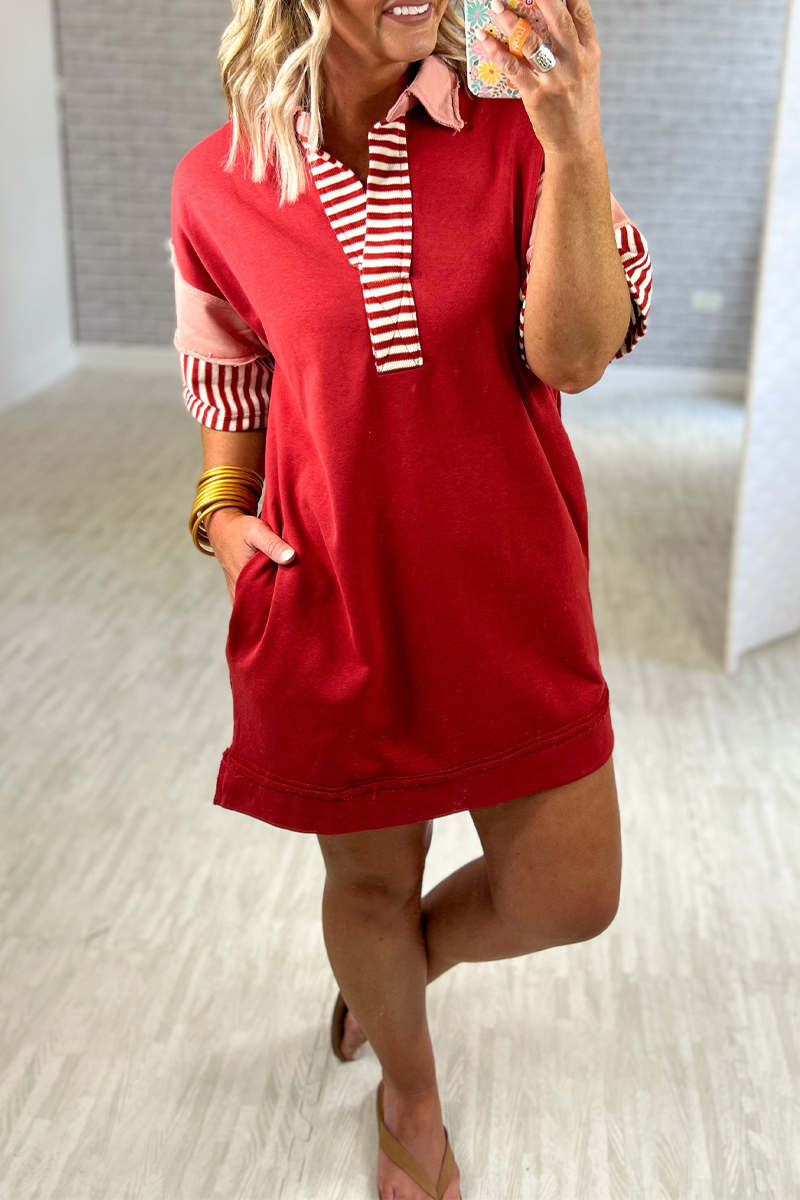 Berenice® | Casual Striped Pocket Patchwork Turn-Down Collar Short Sleeve Short Dress (5 Colors)