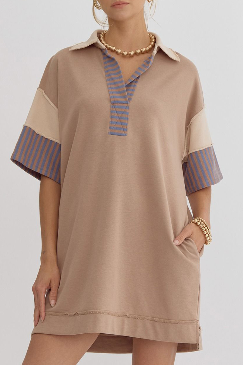 Berenice® | Casual Striped Pocket Patchwork Turn-Down Collar Short Sleeve Short Dress (5 Colors)