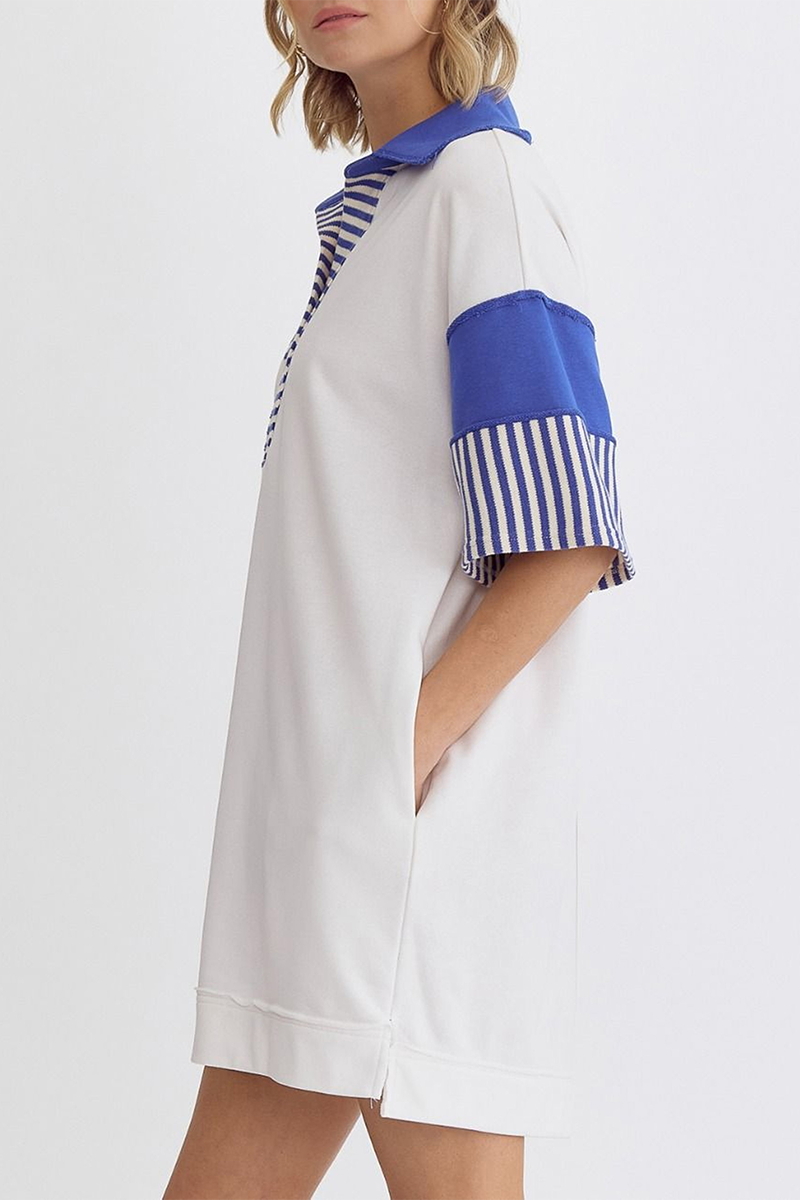 Berenice® | Casual Striped Pocket Patchwork Turn-Down Collar Short Sleeve Short Dress (5 Colors)
