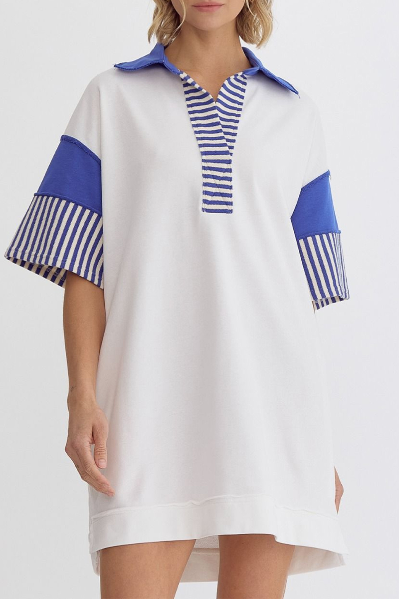Berenice® | Casual Striped Pocket Patchwork Turn-Down Collar Short Sleeve Short Dress (5 Colors)
