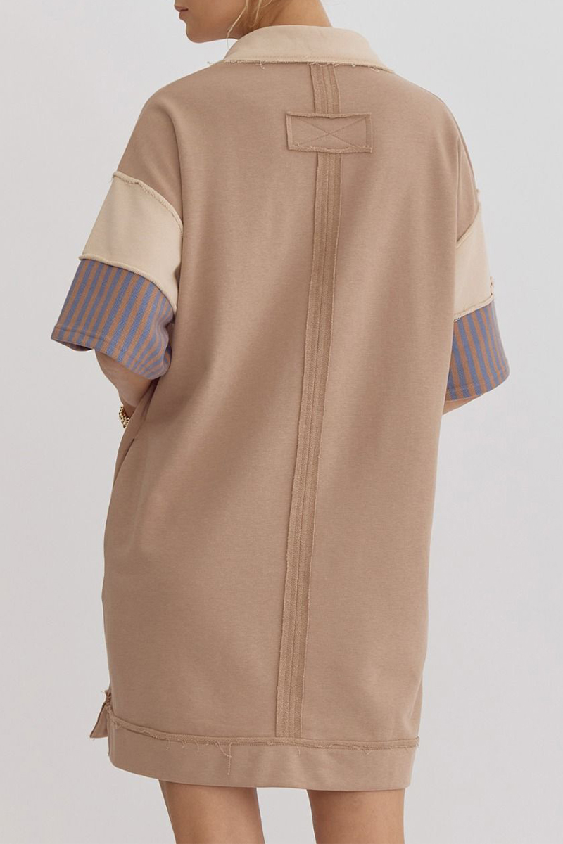 Berenice® | Casual Striped Pocket Patchwork Turn-Down Collar Short Sleeve Short Dress (5 Colors)