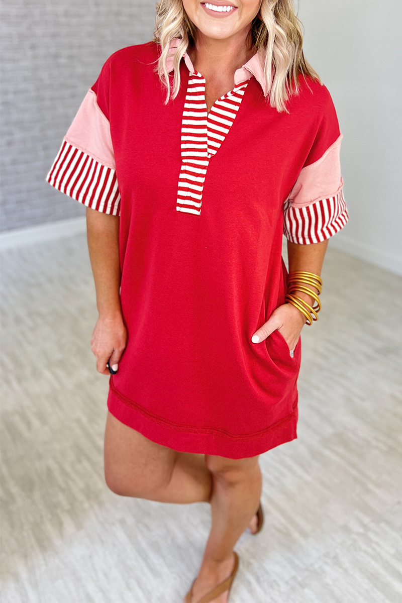 Berenice® | Casual Striped Pocket Patchwork Turn-Down Collar Short Sleeve Short Dress (5 Colors)
