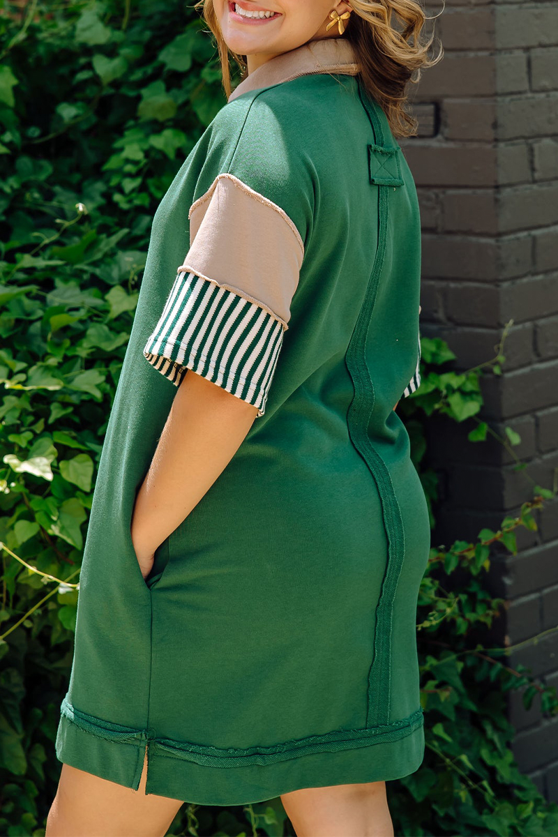 Berenice® | Casual Striped Pocket Patchwork Turn-Down Collar Short Sleeve Short Dress (5 Colors)