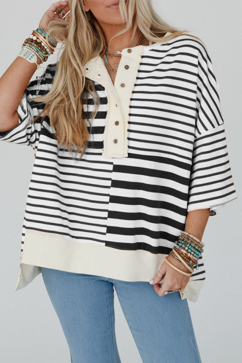 Beatriz® | Casual t-shirts with stripes and buttons, patchwork contrast and O-neck