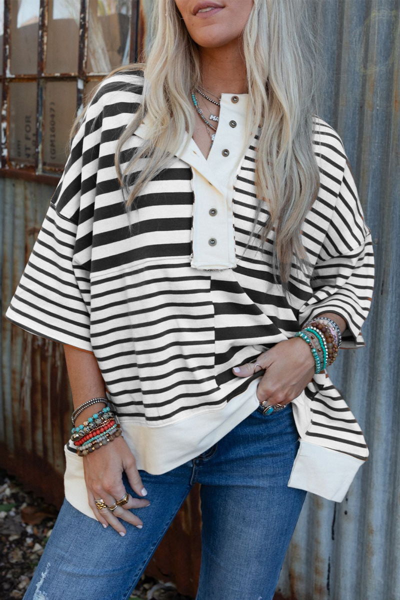 Beatriz® | Casual t-shirts with stripes and buttons, patchwork contrast and O-neck