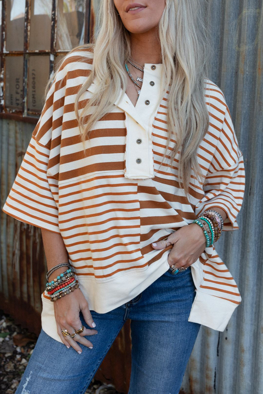 Beatriz® | Casual t-shirts with stripes and buttons, patchwork contrast and O-neck