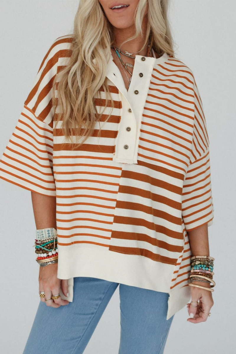 Beatriz® | Casual t-shirts with stripes and buttons, patchwork contrast and O-neck