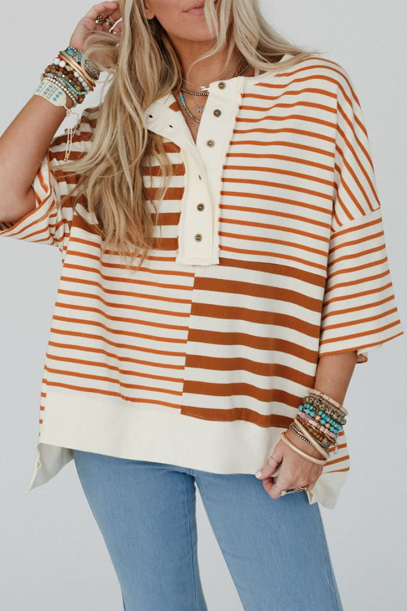 Beatriz® | Casual t-shirts with stripes and buttons, patchwork contrast and O-neck