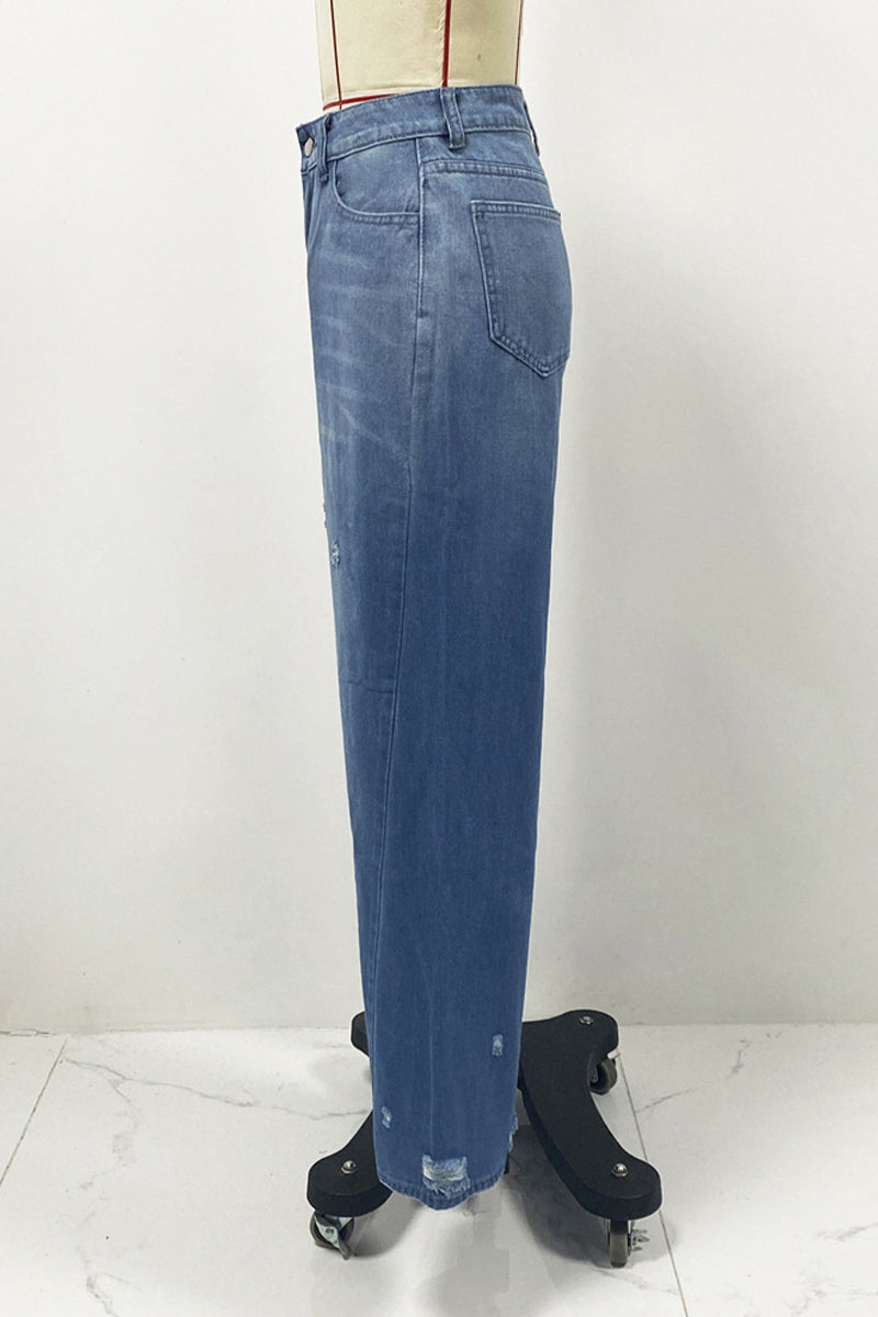 Aurora® | Casual gradient street jeans with ripped pockets, high waist and loose denim jeans