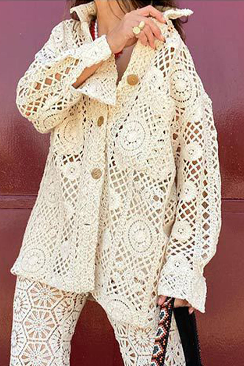 Ariadna® | Casual solid color outerwear with hollow pockets and buttons and turn-down collar