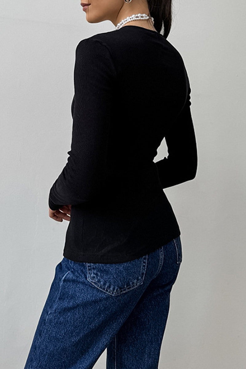 Amelia® | Casual tops with plain buttons and irregular O-neck