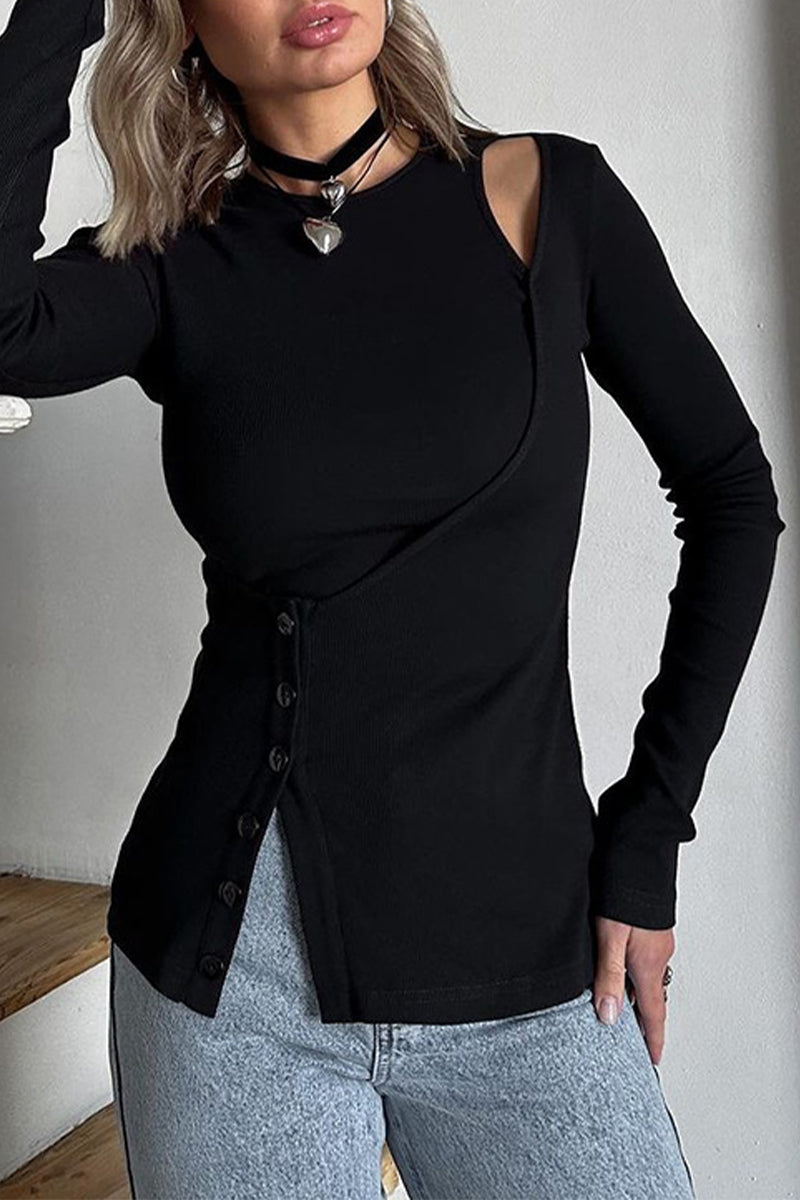 Amelia® | Casual tops with plain buttons and irregular O-neck