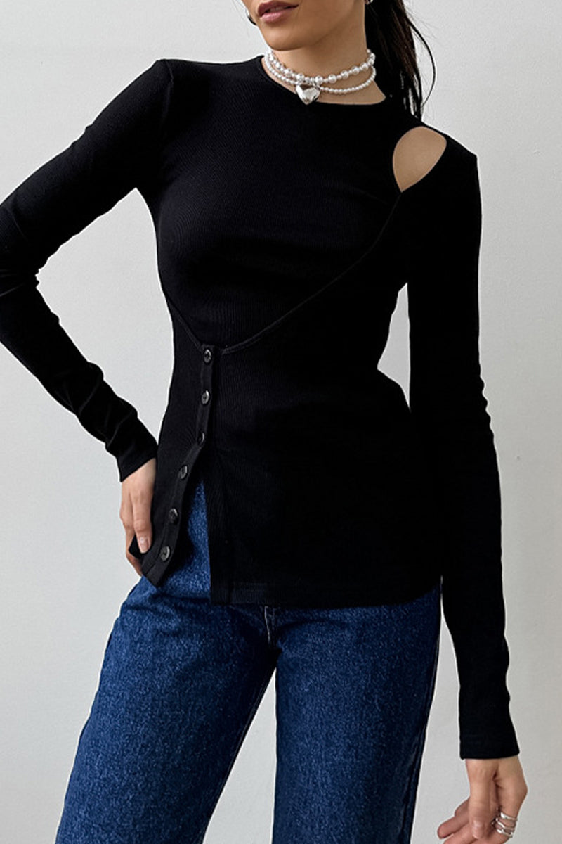 Amelia® | Casual tops with plain buttons and irregular O-neck