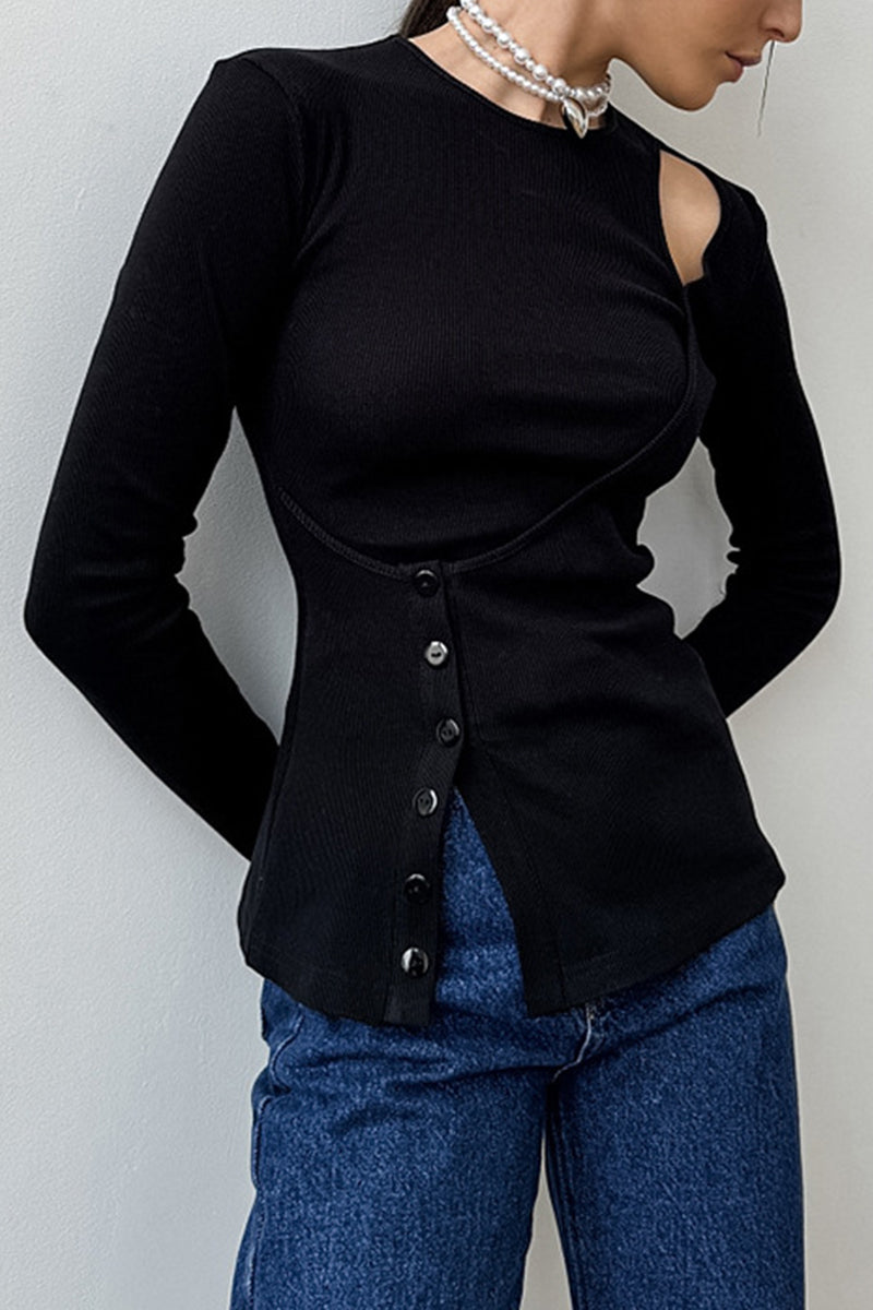 Amelia® | Casual tops with plain buttons and irregular O-neck