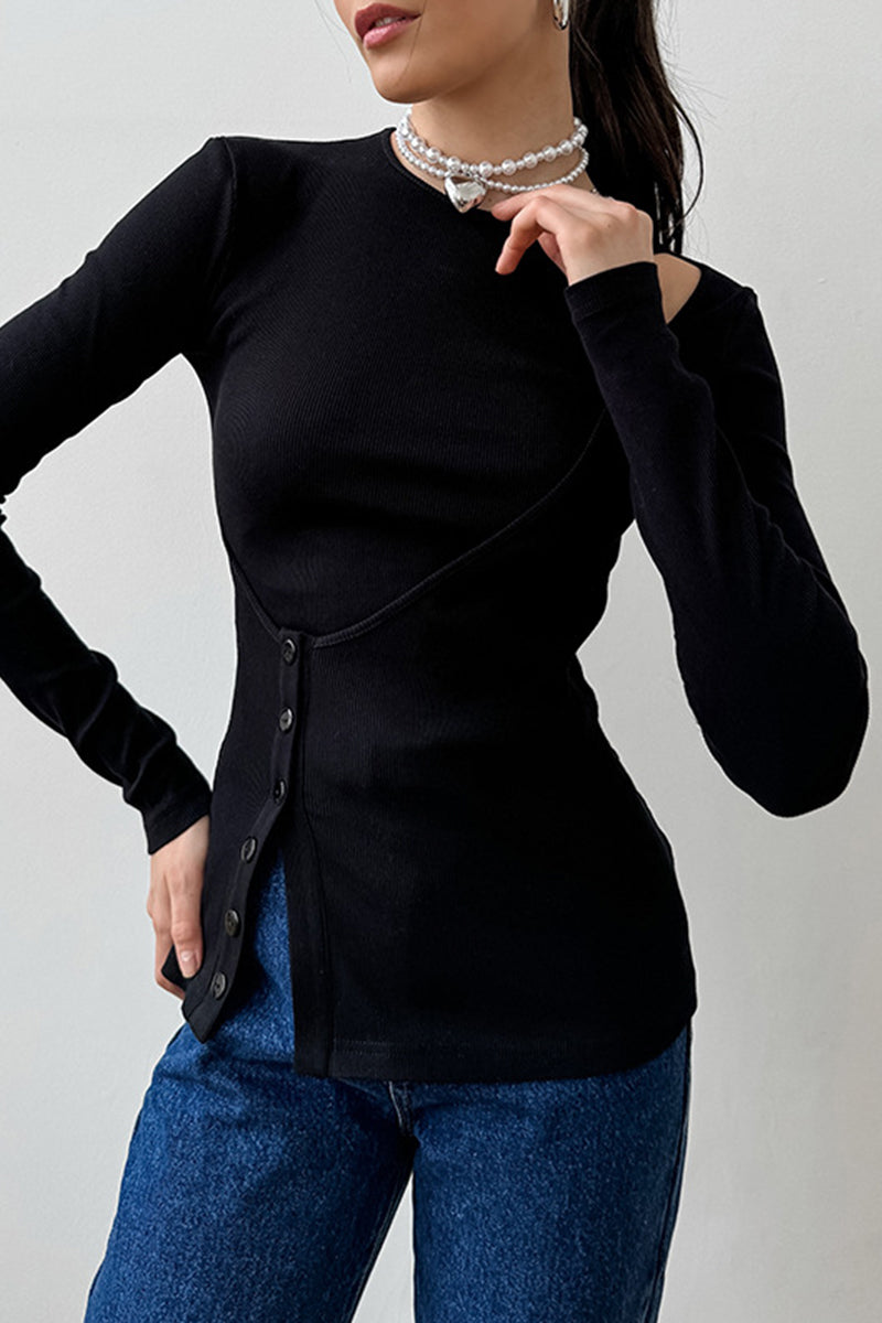 Amelia® | Casual tops with plain buttons and irregular O-neck