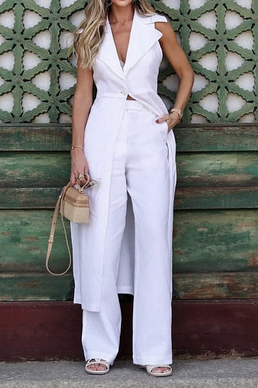 Amara® | Casual, daily, sleeveless two-piece suit with pocket slit and turn-down collar