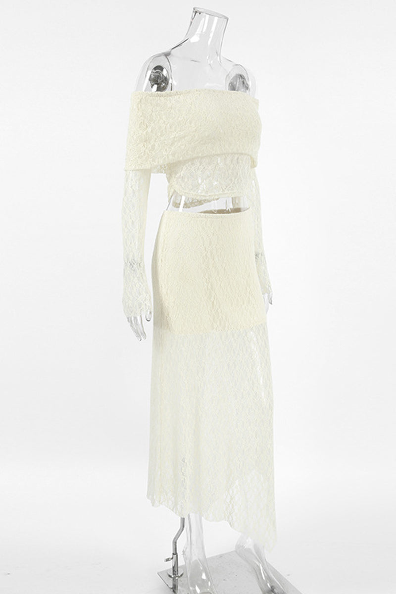 Alba® | Sexy Sheer Off Shoulder Lace Long Sleeve Two Piece Set (Without Belt)