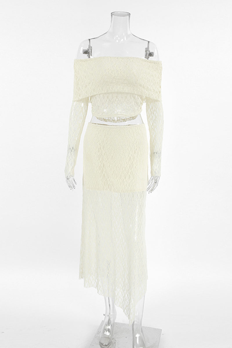 Alba® | Sexy Sheer Off Shoulder Lace Long Sleeve Two Piece Set (Without Belt)