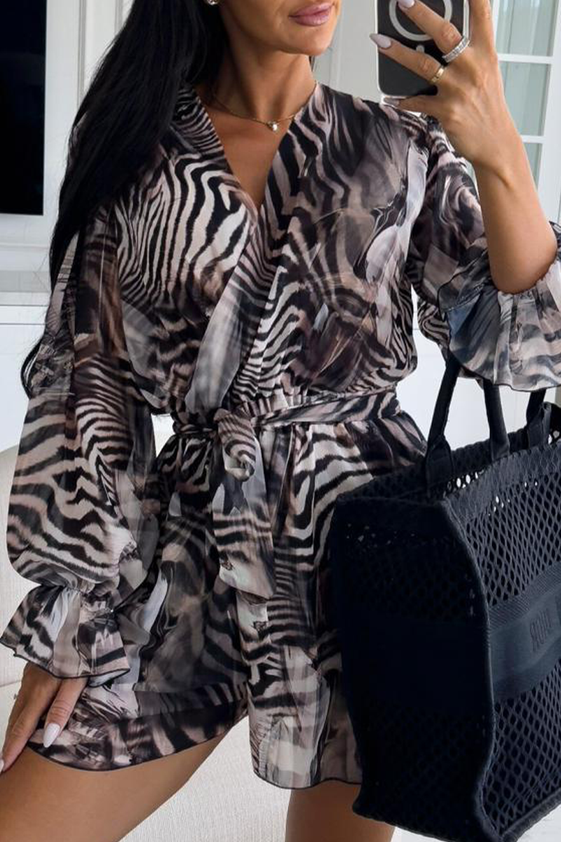 Elisa® | Casual Holiday Romper Zebra Print Floral Lace Up Contrast V Neck Loose Romper (3 Colors)