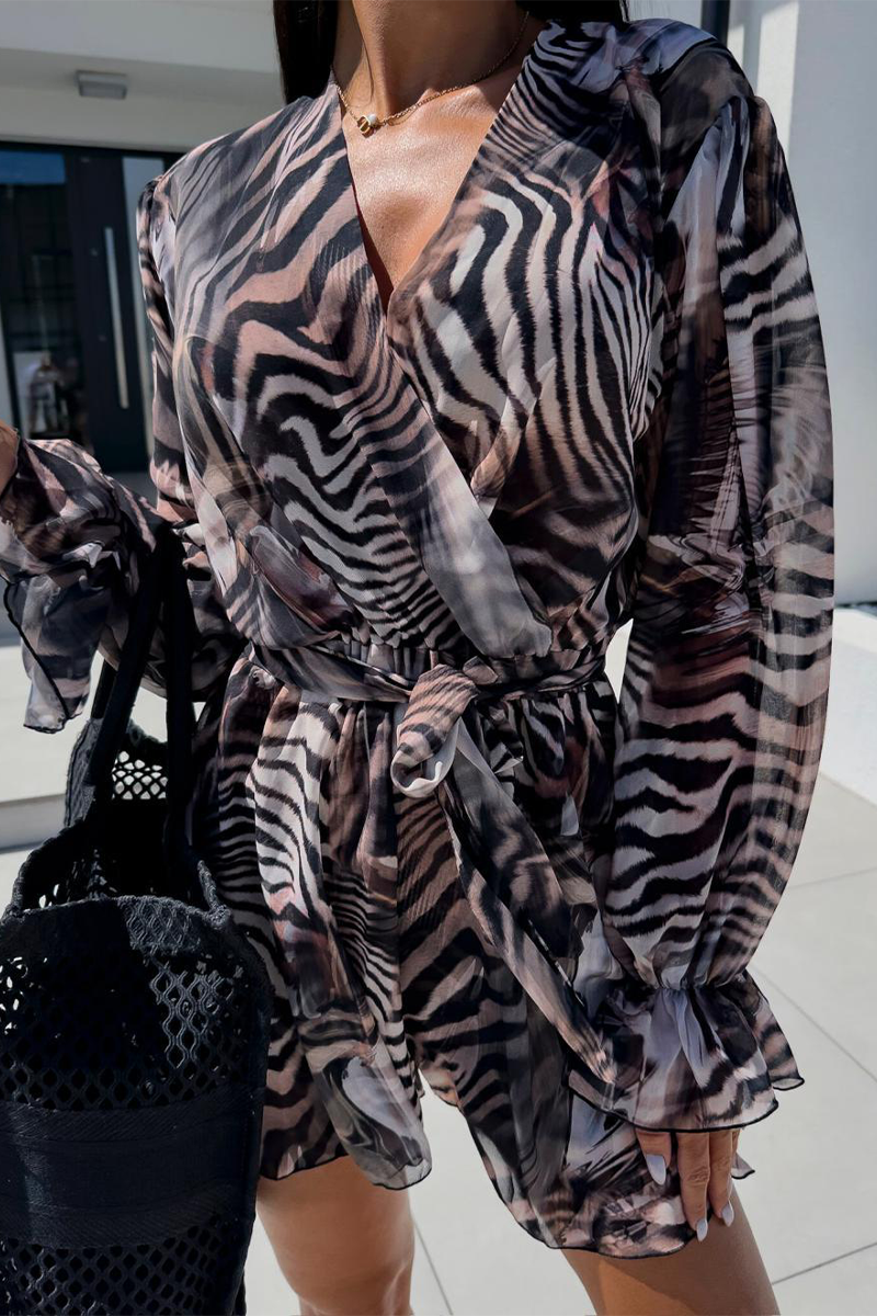 Elisa® | Casual Holiday Romper Zebra Print Floral Lace Up Contrast V Neck Loose Romper (3 Colors)