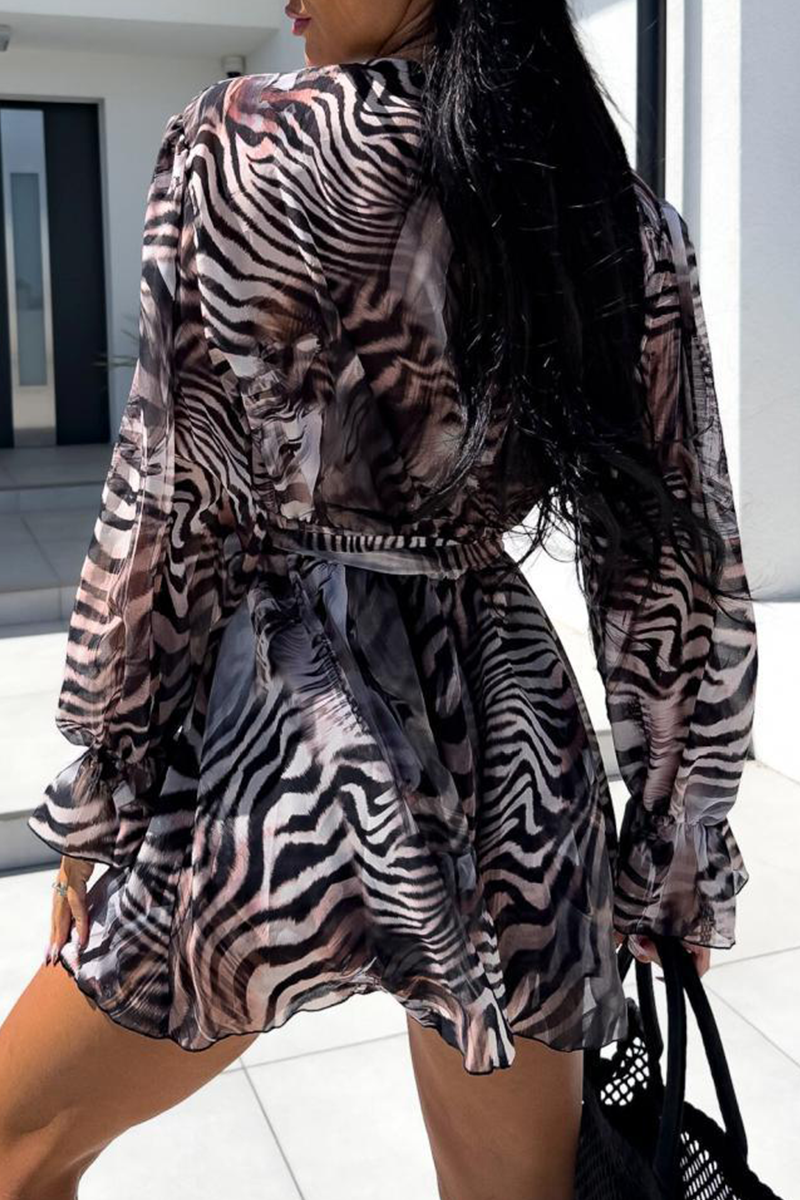 Elisa® | Casual Holiday Romper Zebra Print Floral Lace Up Contrast V Neck Loose Romper (3 Colors)