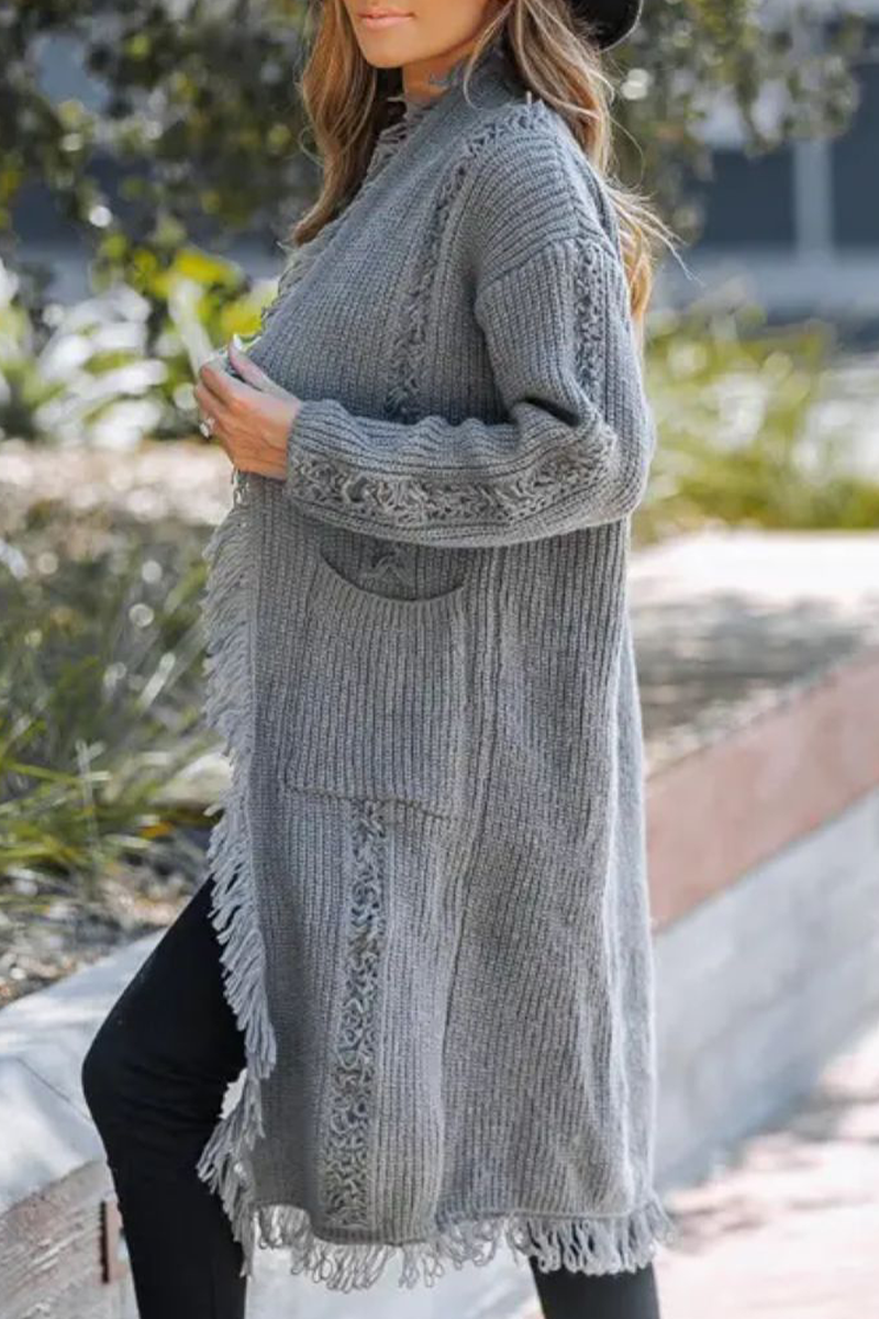 Edna® | Casual Fringed Trim Weave Cardigan Collar Outerwear (3 Colors)