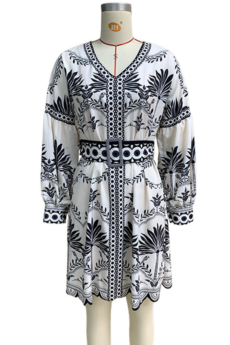 Cristina® | Casual floral print patchwork dress with belt, V-neck, A-line