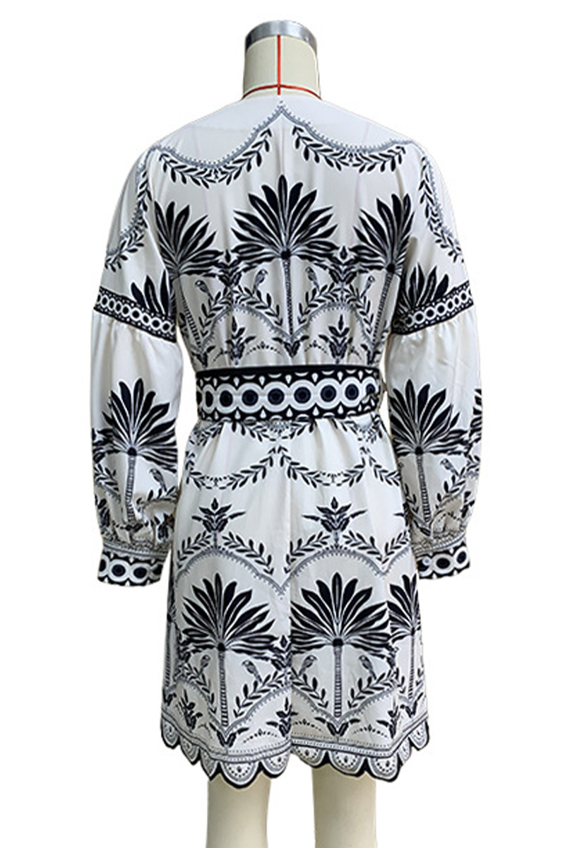 Cristina® | Casual floral print patchwork dress with belt, V-neck, A-line