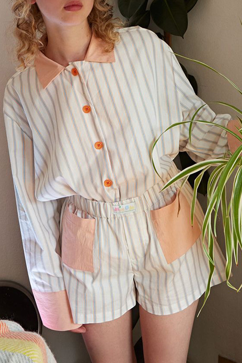 Dafne® | Casual daily stripe patchwork contrast turn-down collar long sleeve two piece suit