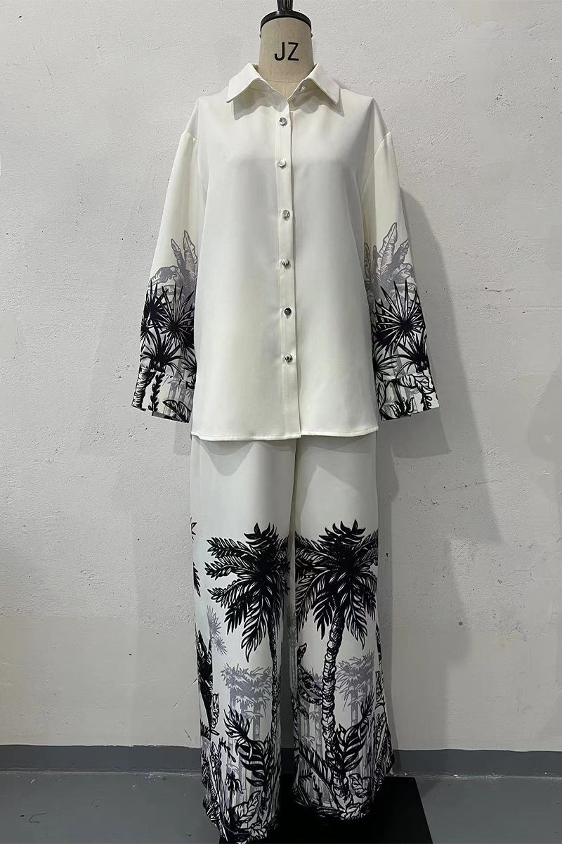 Clarisa® | Casual landscape print, buttons, turn-down collar, long sleeves, two-piece