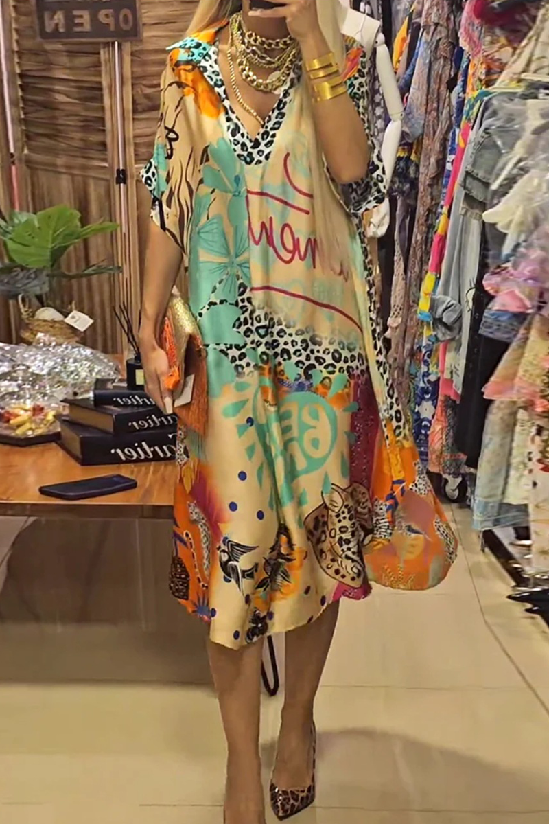 Cielo® | Casual Street Letters Leopard Irregular V-neck A-line Short Sleeve Dress (3 Colors)