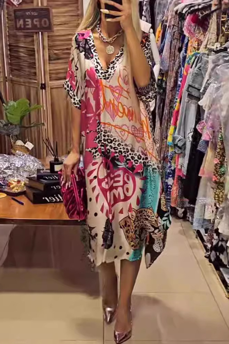 Cielo® | Casual Street Letters Leopard Irregular V-neck A-line Short Sleeve Dress (3 Colors)