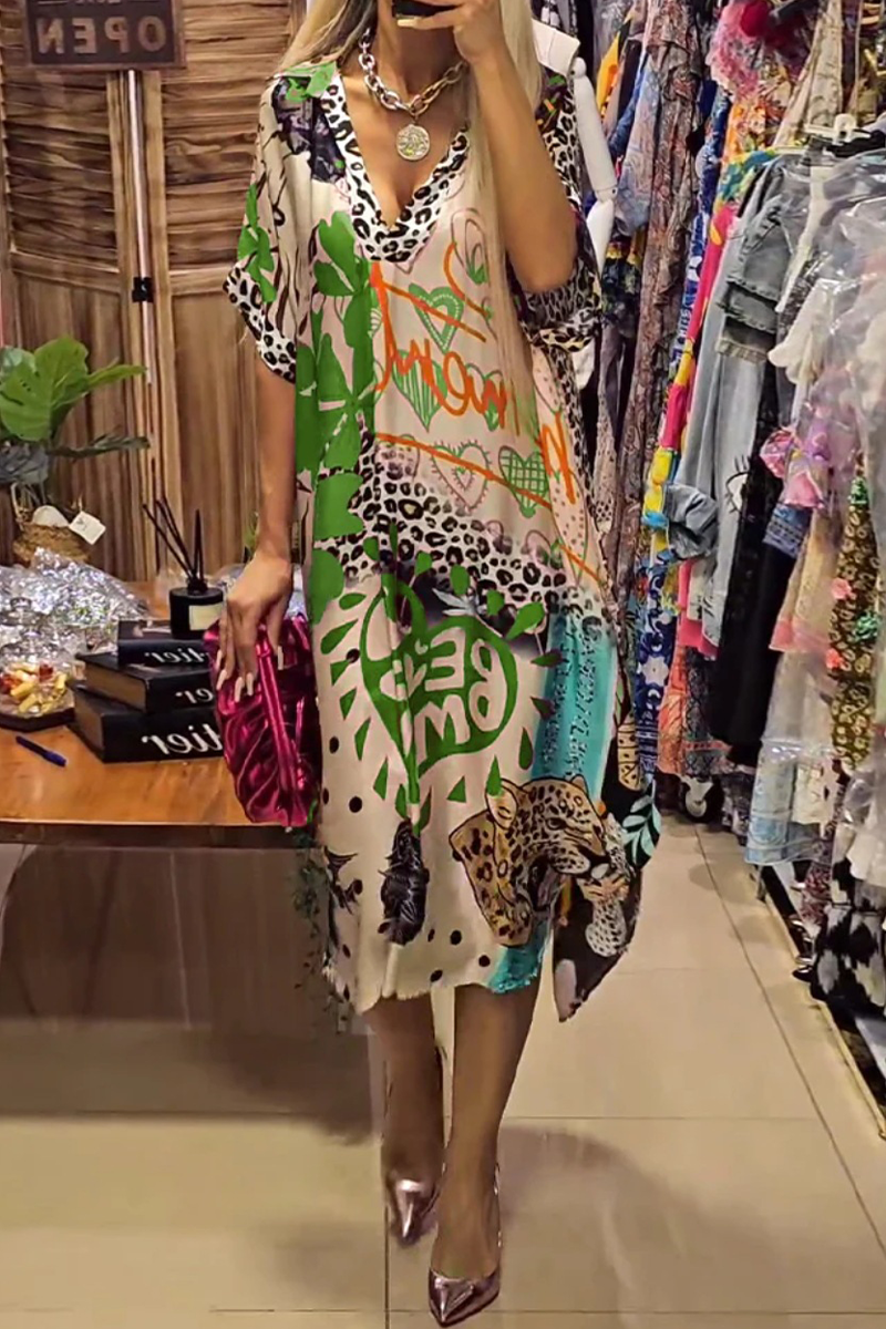 Cielo® | Casual Street Letters Leopard Irregular V-neck A-line Short Sleeve Dress (3 Colors)