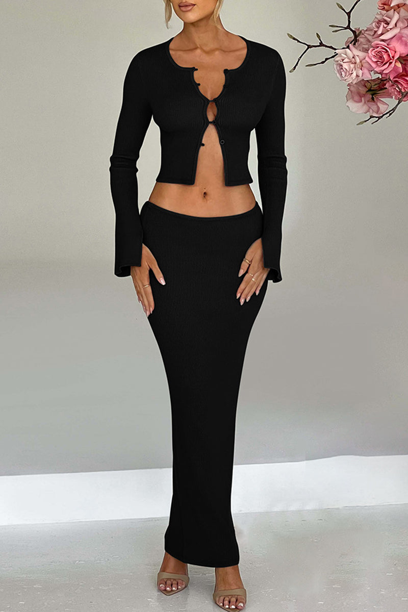 Brianna® | Elegant Buckle Patchwork O-Neck Long Sleeve Two Piece Suit (3 Colors)