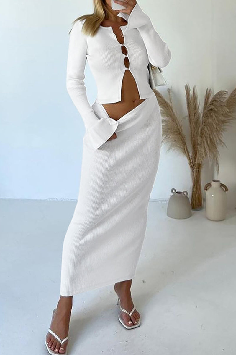 Brianna® | Elegant Buckle Patchwork O-Neck Long Sleeve Two Piece Suit (3 Colors)
