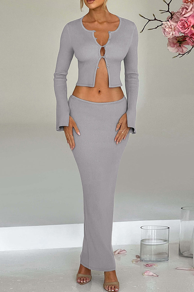 Brianna® | Elegant Buckle Patchwork O-Neck Long Sleeve Two Piece Suit (3 Colors)
