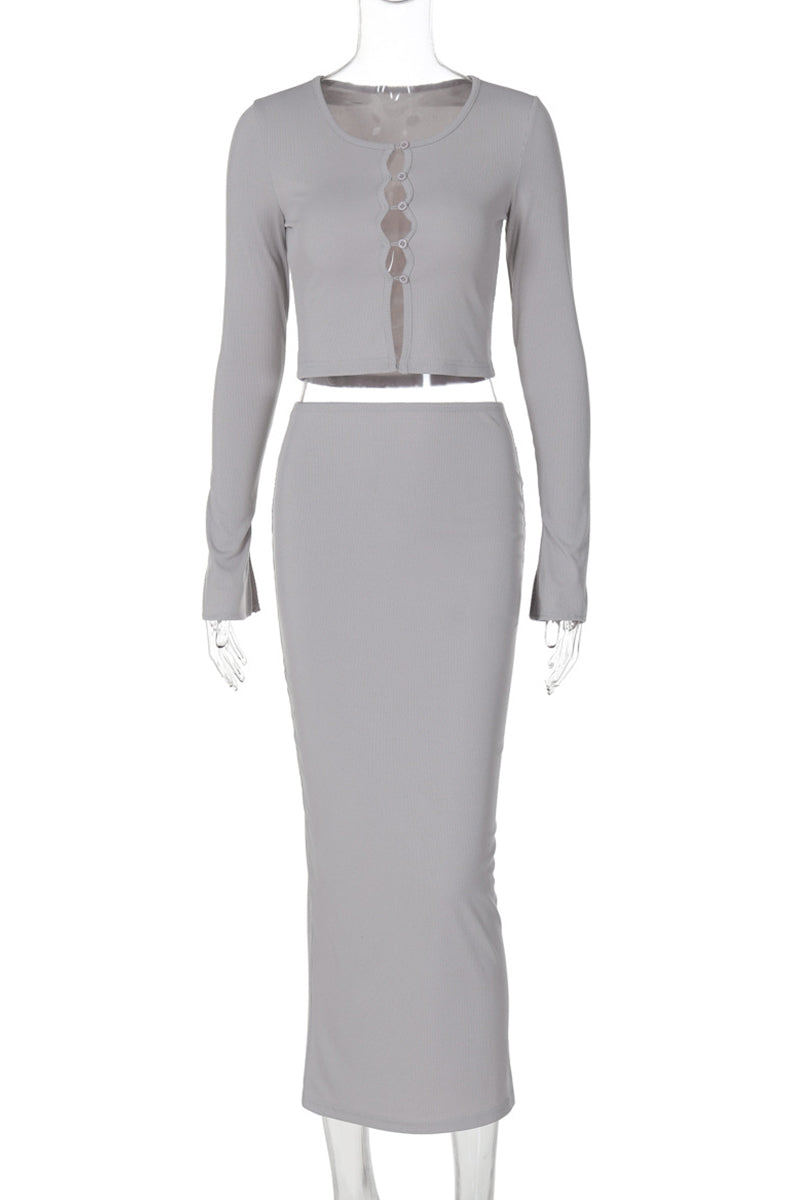 Brianna® | Elegant Buckle Patchwork O-Neck Long Sleeve Two Piece Suit (3 Colors)
