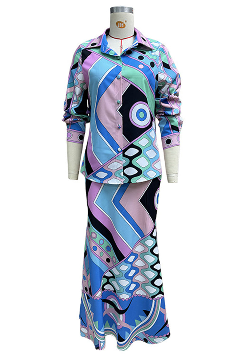 Aurora® | Daily elegant geometric print, buttons, patchwork, turn-down collar, long sleeves, two piece