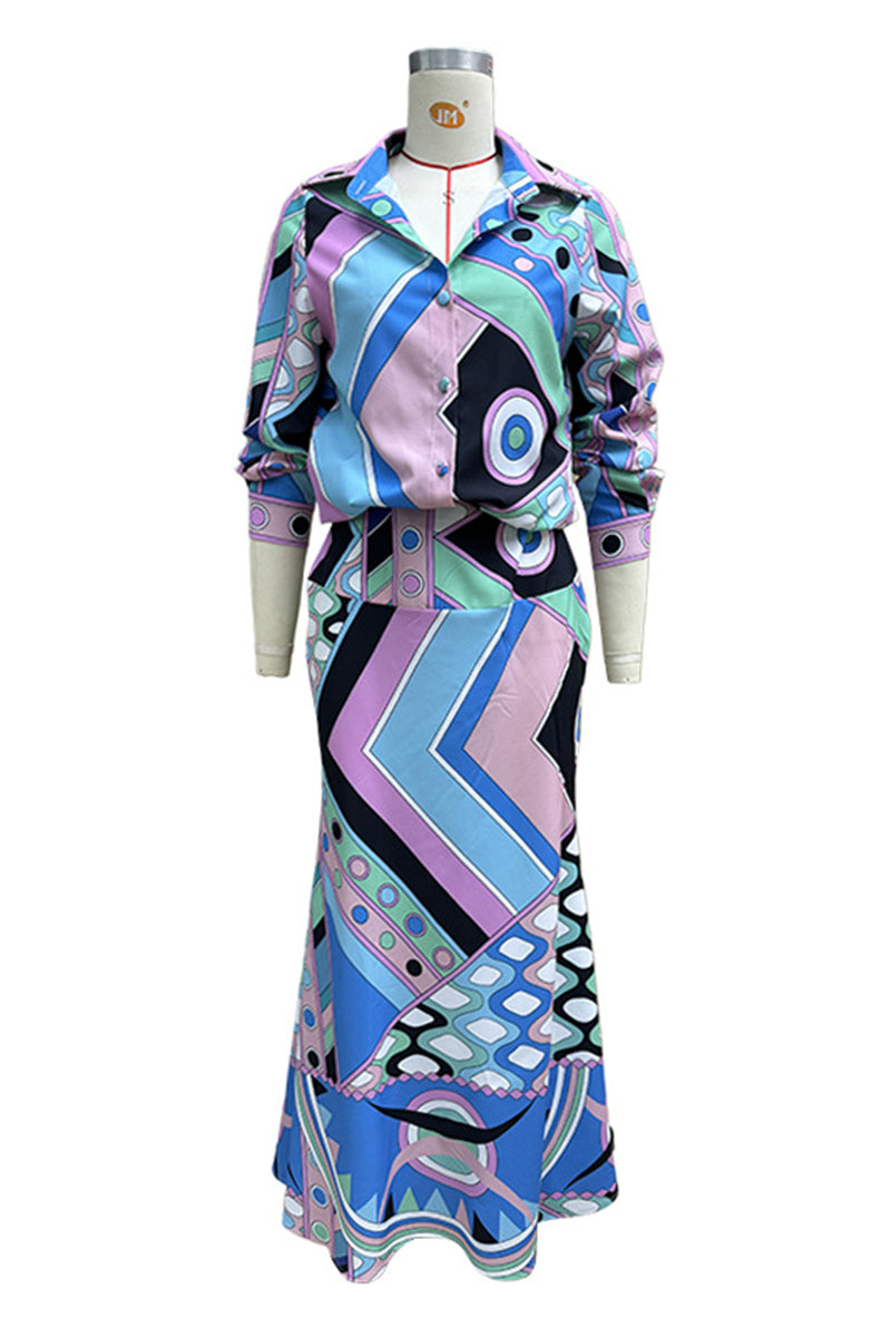 Aurora® | Daily elegant geometric print, buttons, patchwork, turn-down collar, long sleeves, two piece