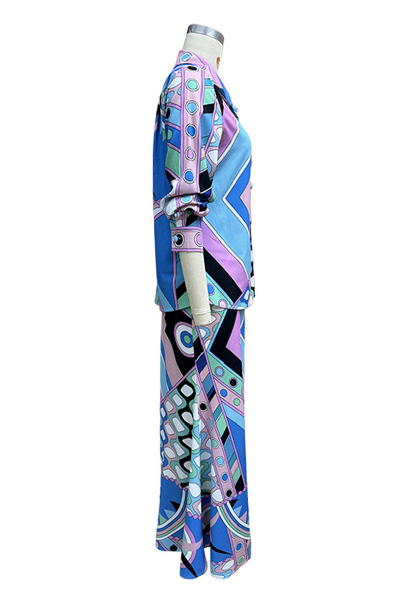 Aurora® | Daily elegant geometric print, buttons, patchwork, turn-down collar, long sleeves, two piece