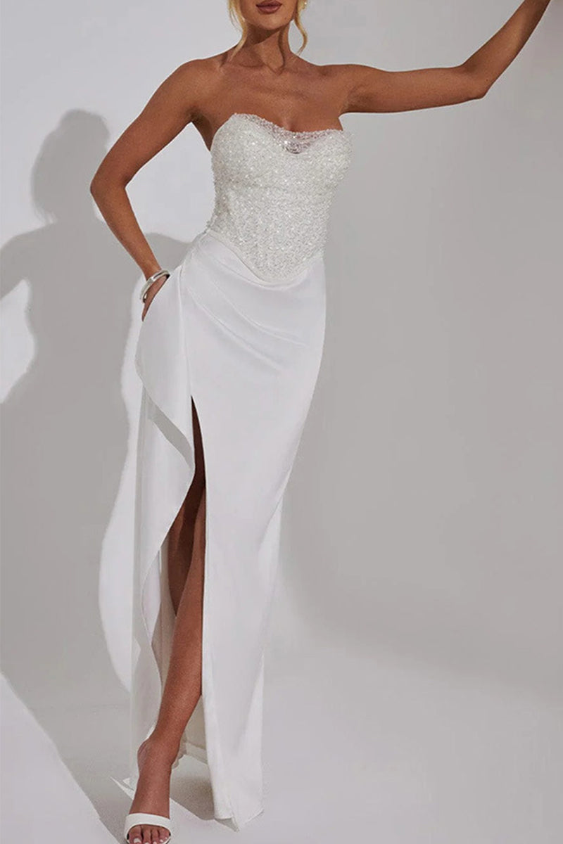 Cinthia® | Sexy sequined slit off shoulder ruffled ball gown dress