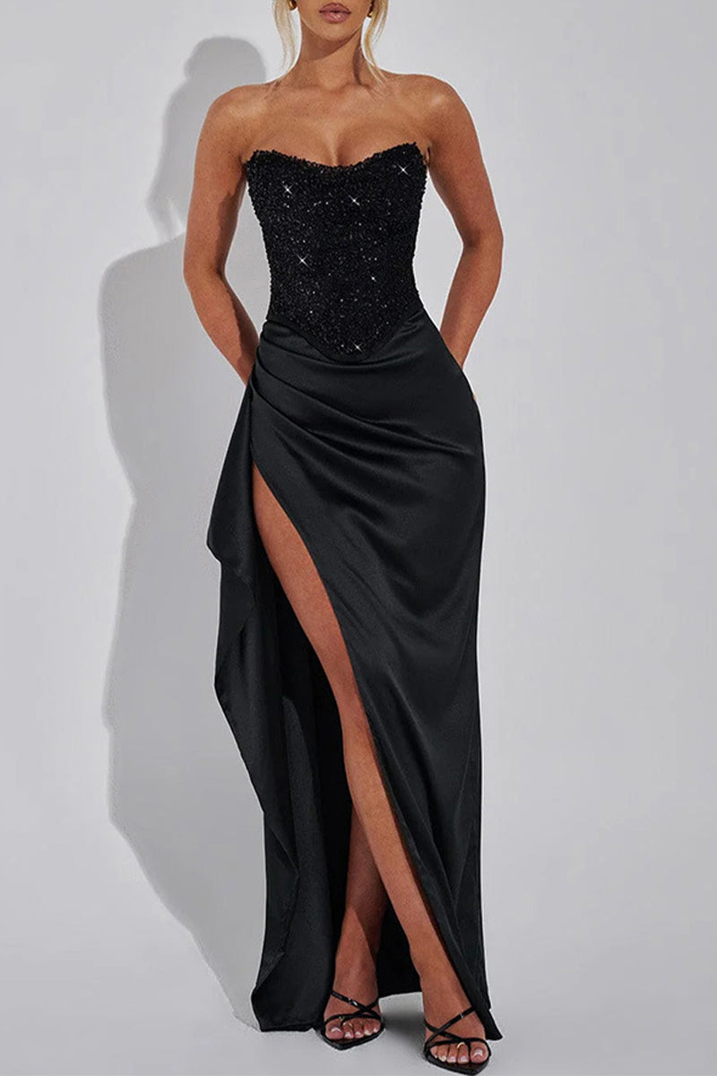 Cinthia® | Sexy sequined slit off shoulder ruffled ball gown dress