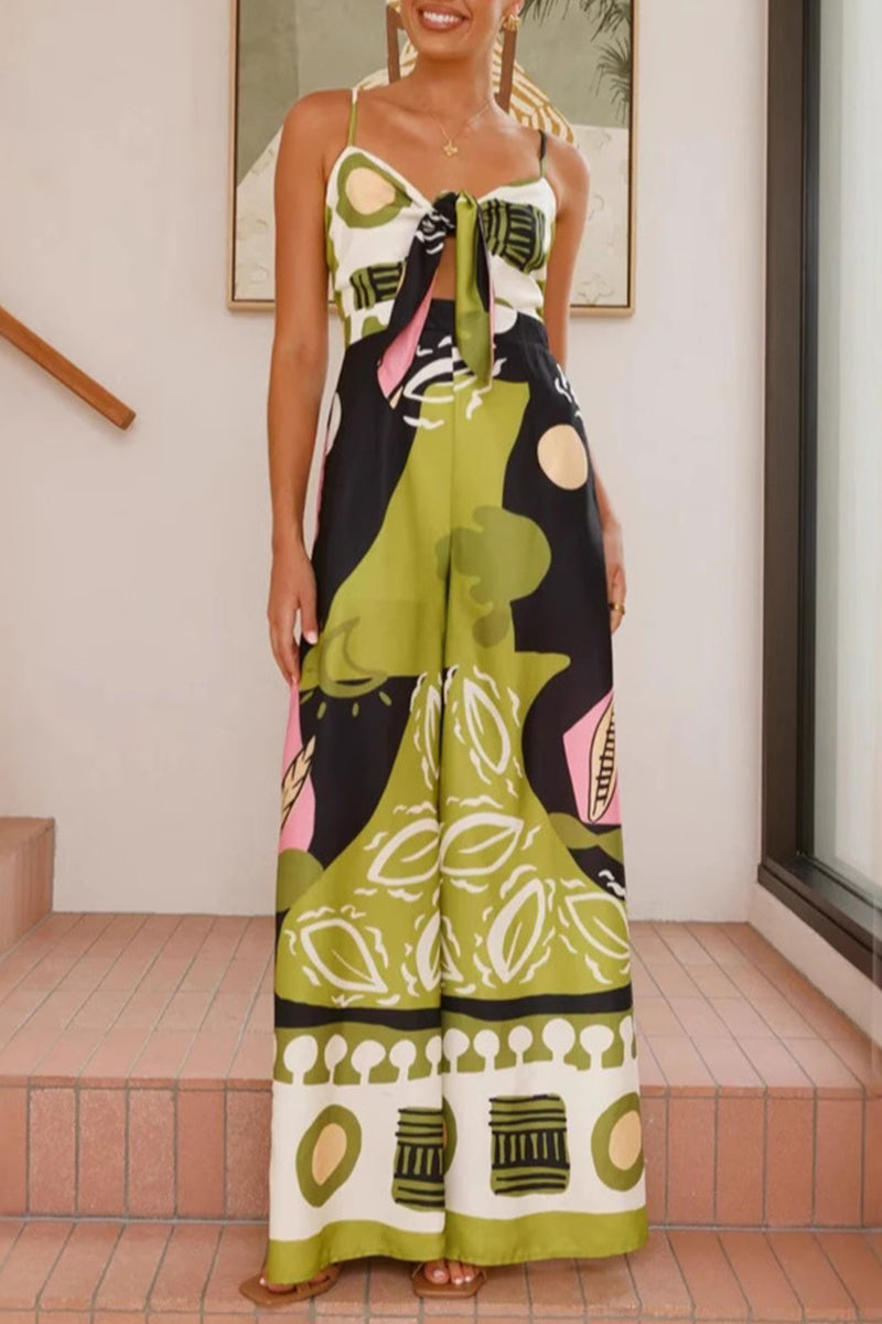Clara® | Casual holiday jumpsuits with floral print, pocket, lace-up and V-neck