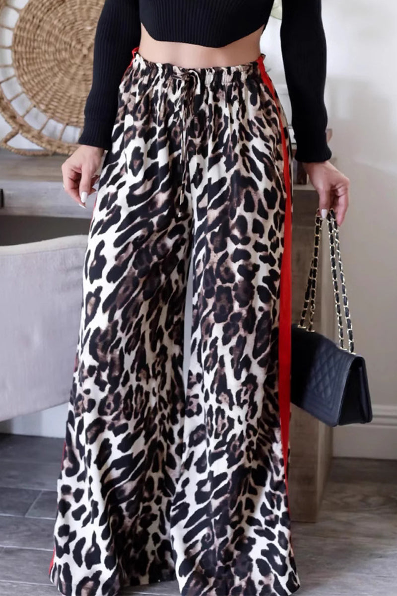 Celia® | Casual daily striped leopard patchwork loose high waist wide leg trousers with full print