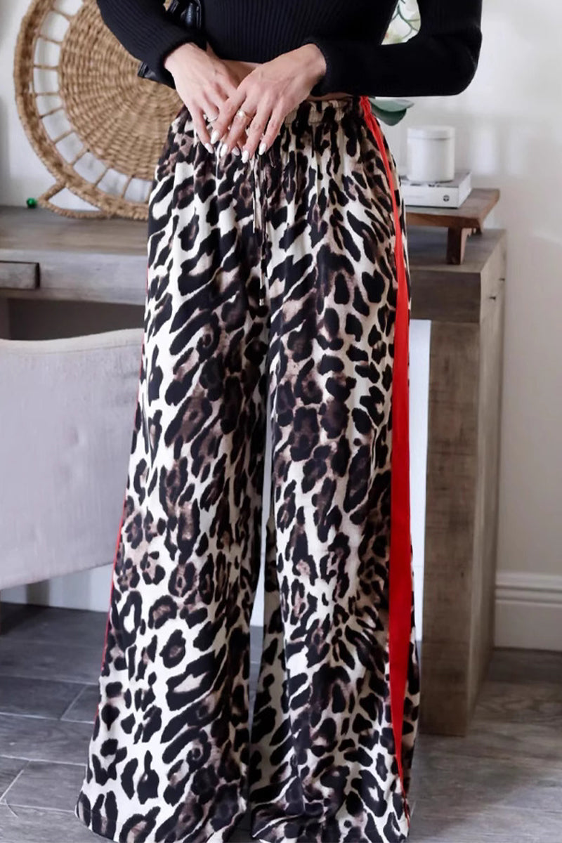 Celia® | Casual daily striped leopard patchwork loose high waist wide leg trousers with full print