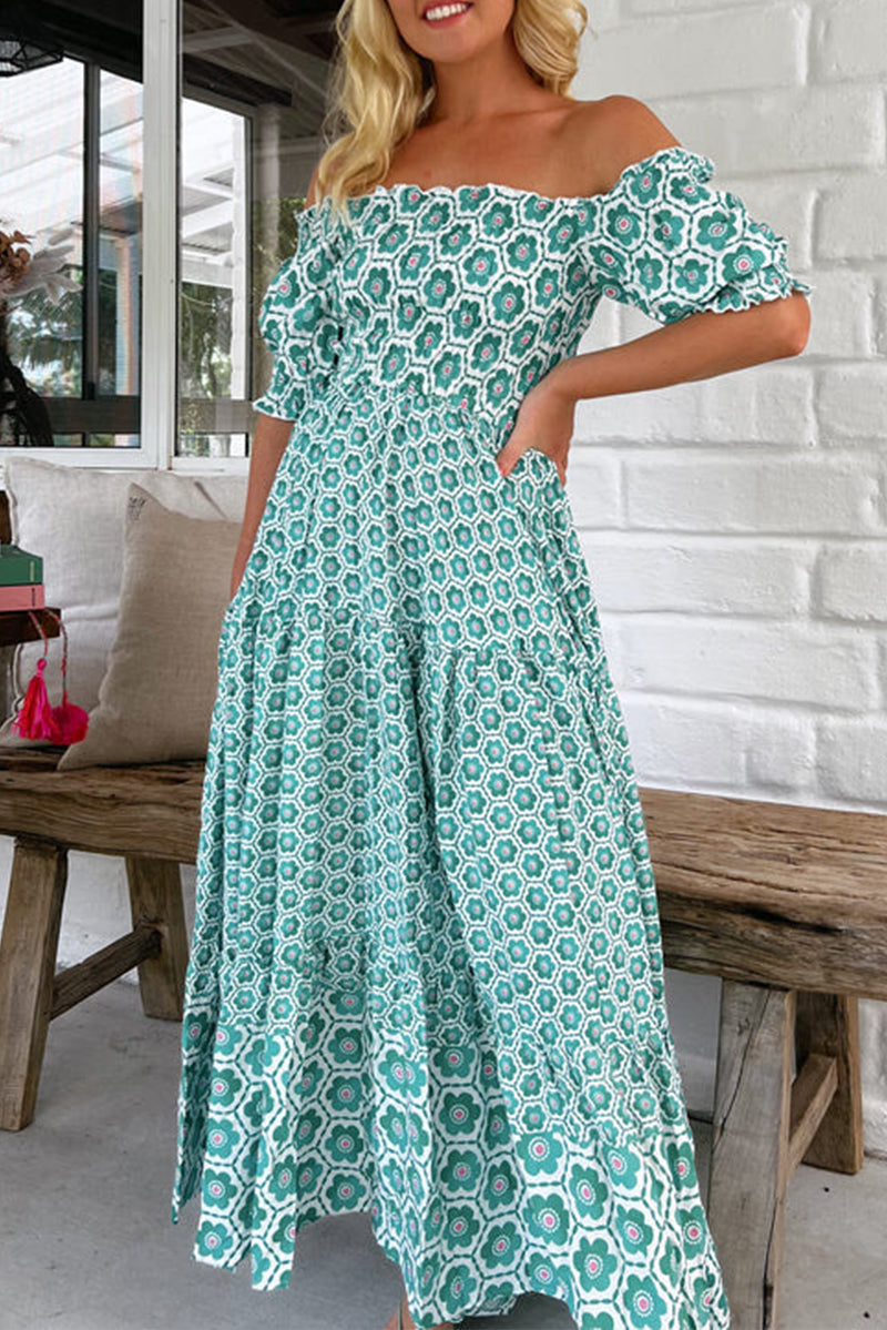Antonella® | Casual off shoulder short sleeve dress with geometric print and contrast