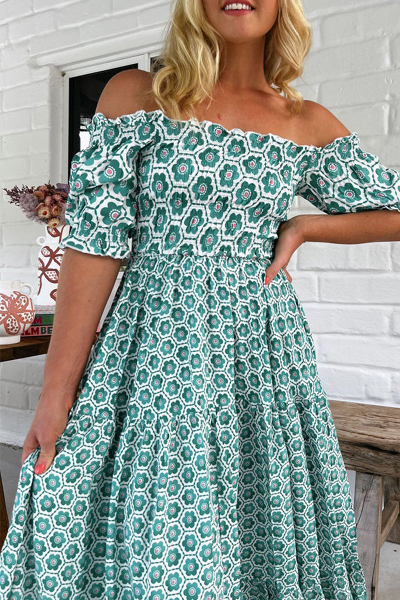Antonella® | Casual off shoulder short sleeve dress with geometric print and contrast