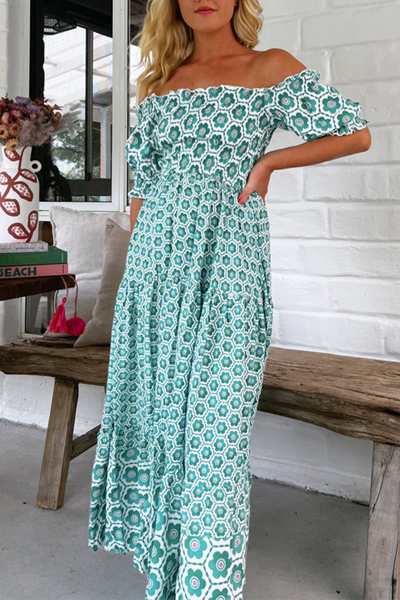Antonella® | Casual off shoulder short sleeve dress with geometric print and contrast